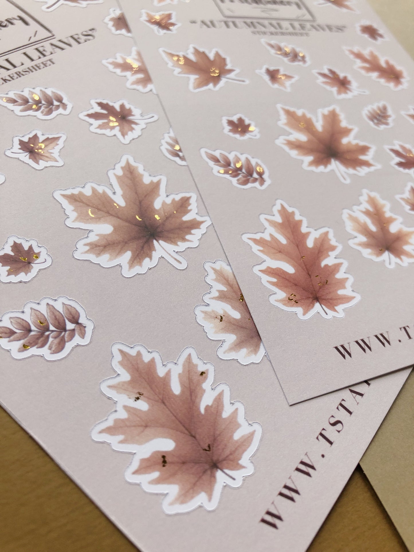 Gold Foil "Autumnal Leaves" Sticker Sheet (Light Brown)