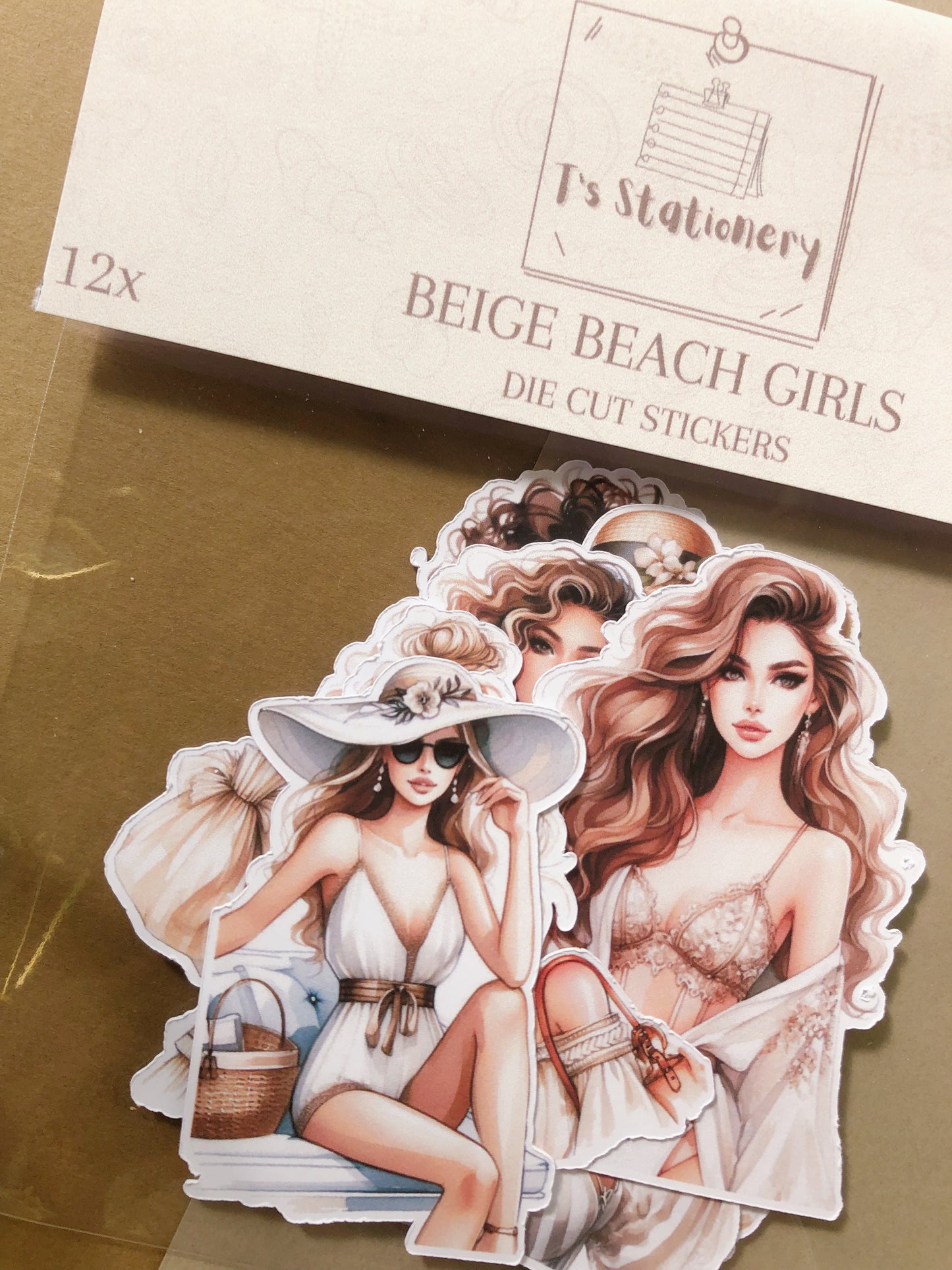 "12Pcs Beige Beach Girls" Die Cut Sticker Pack