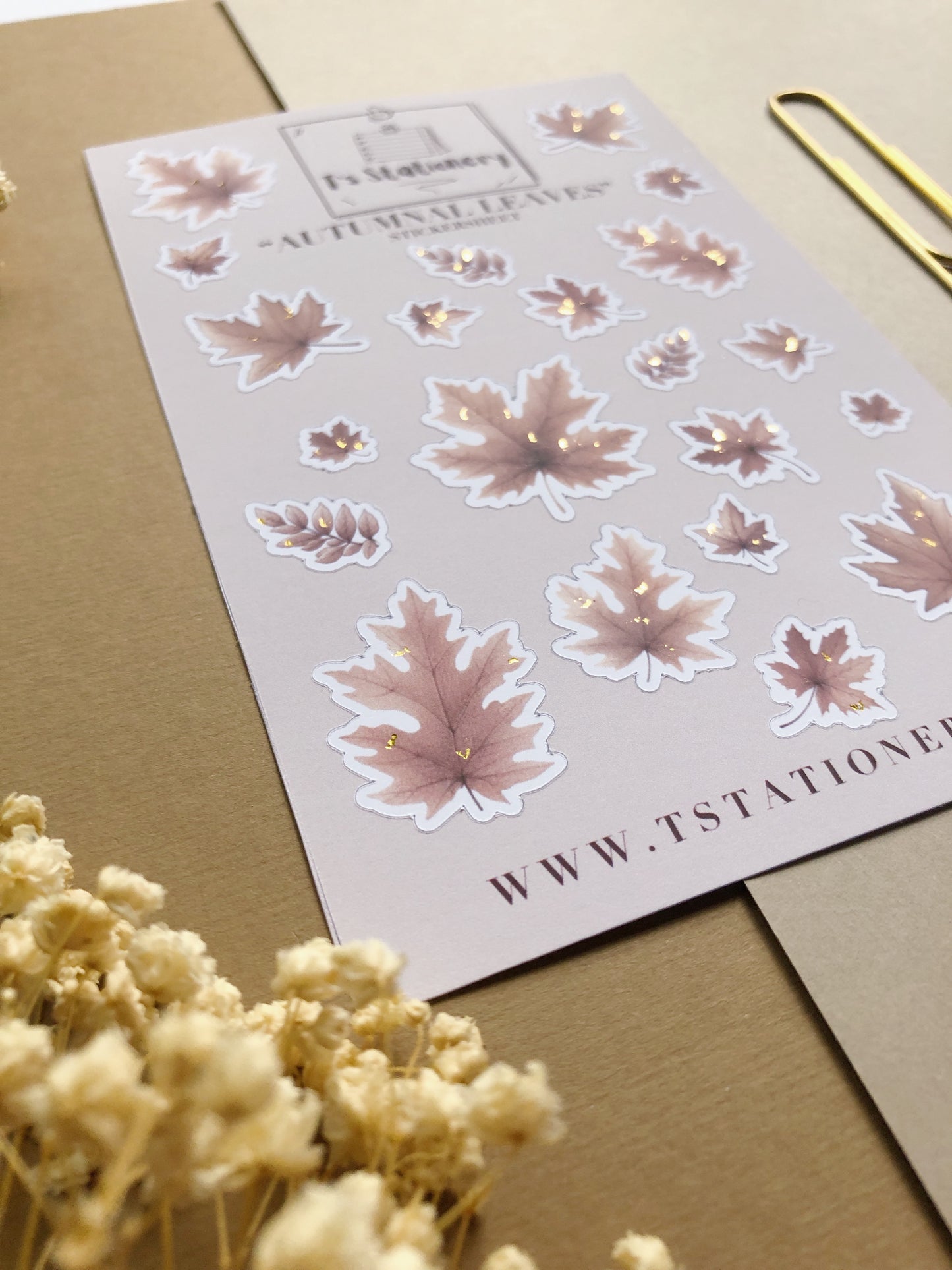 Gold Foil "Autumnal Leaves" Sticker Sheet (Light Brown)