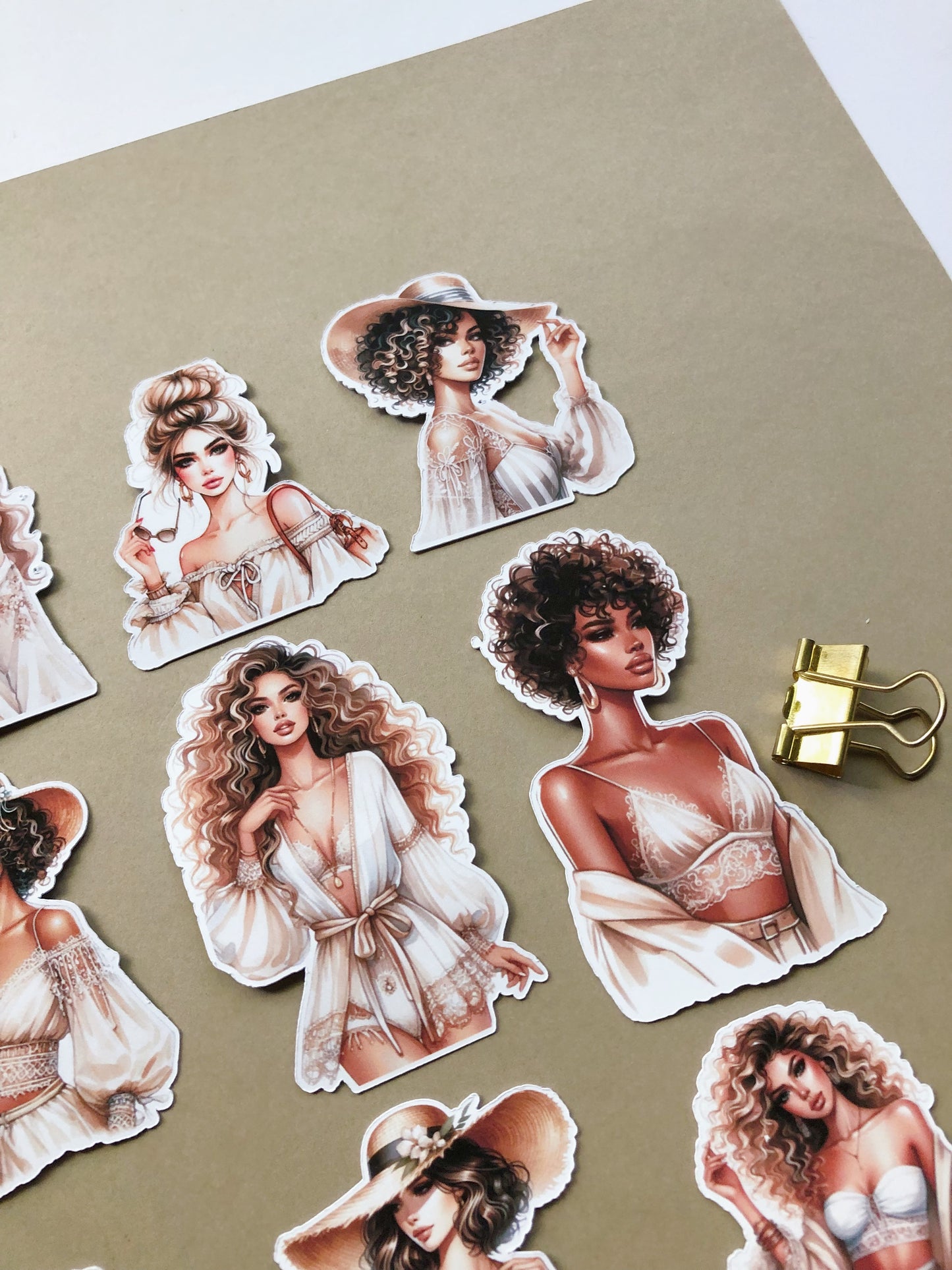 "12Pcs Beige Beach Girls" Die Cut Sticker Pack