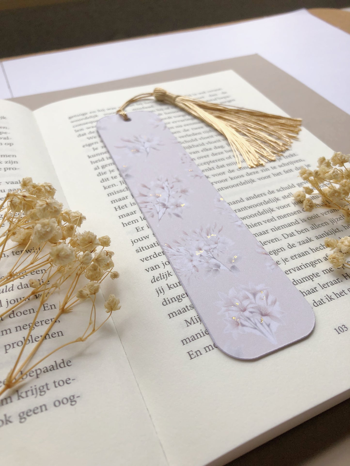 "Gold Foiled Bookmark With Tree Jasmine Flowers"