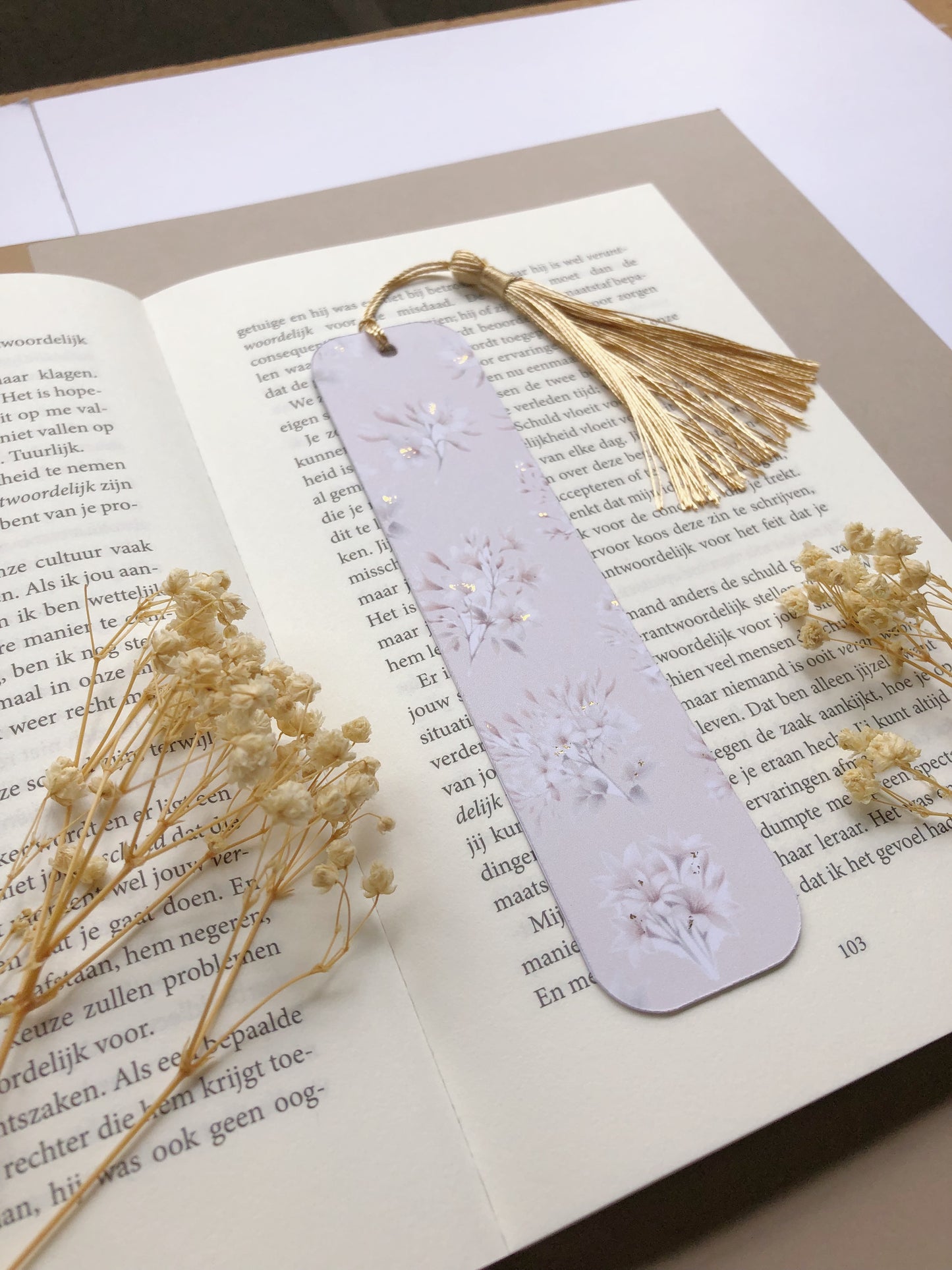 "Gold Foiled Bookmark With Tree Jasmine Flowers"