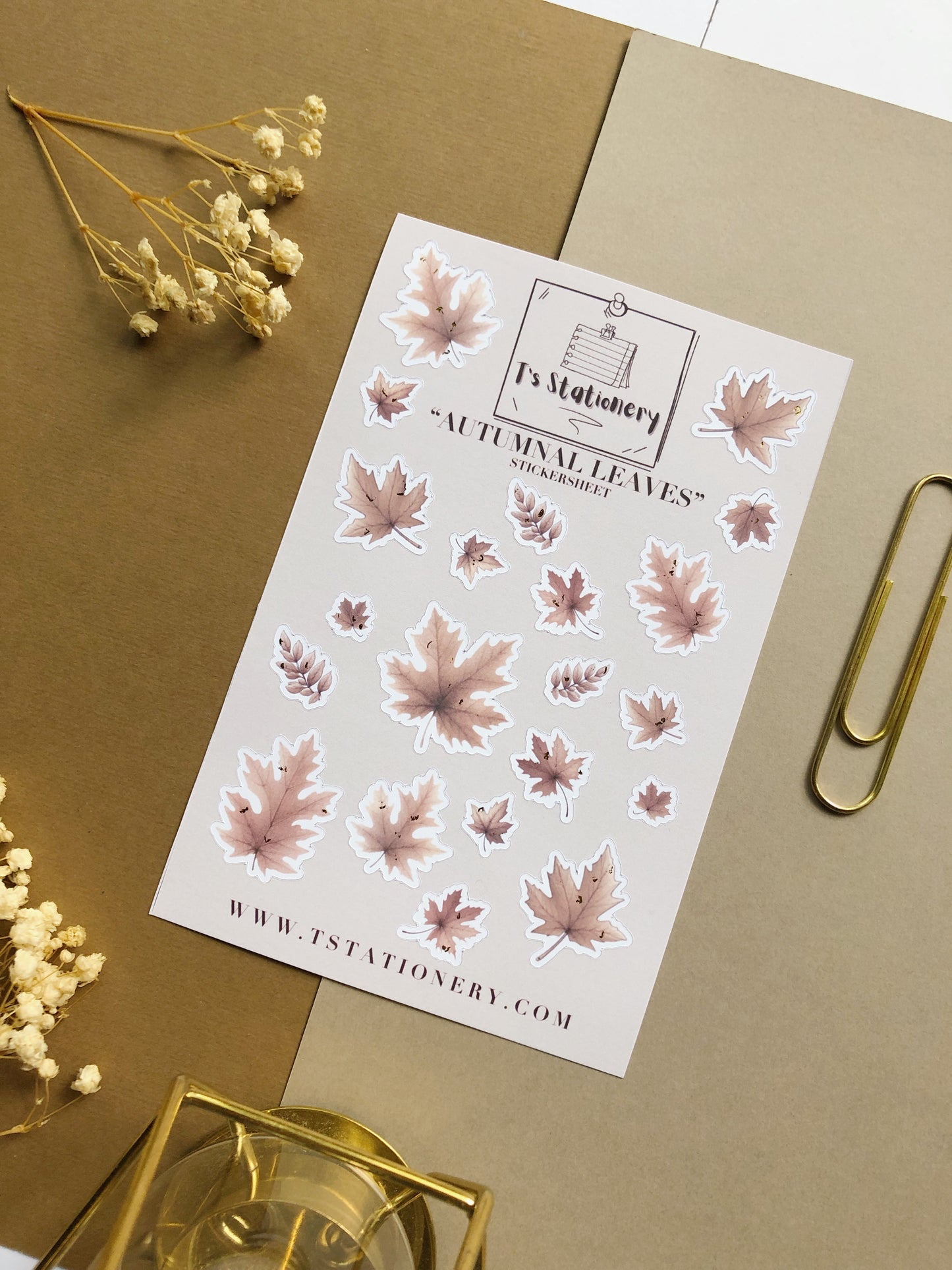 Gold Foil "Autumnal Leaves" Sticker Sheet (Light Brown)