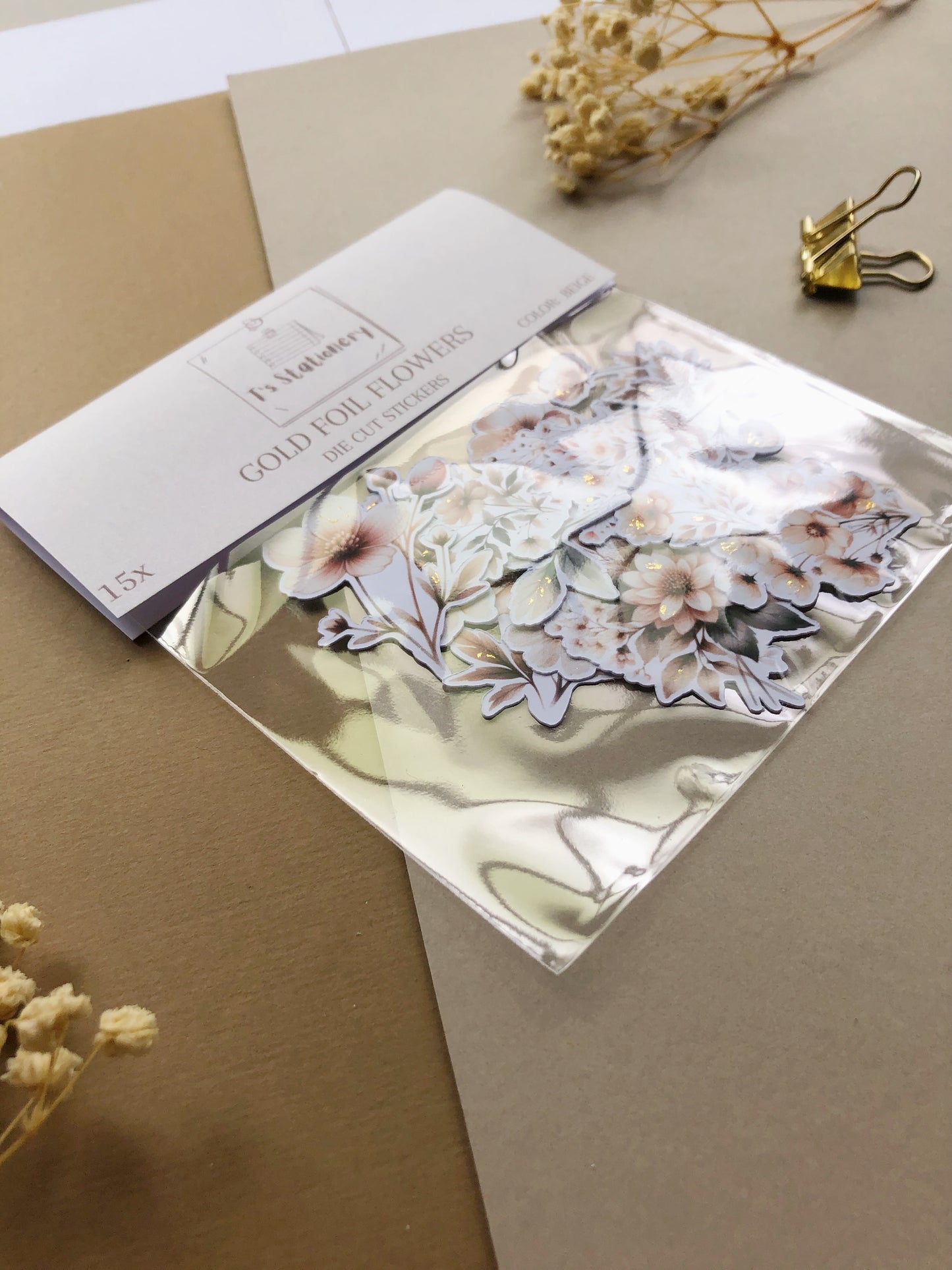 "15Pcs Beige Flowers w Gold Foil" Sticker Pack