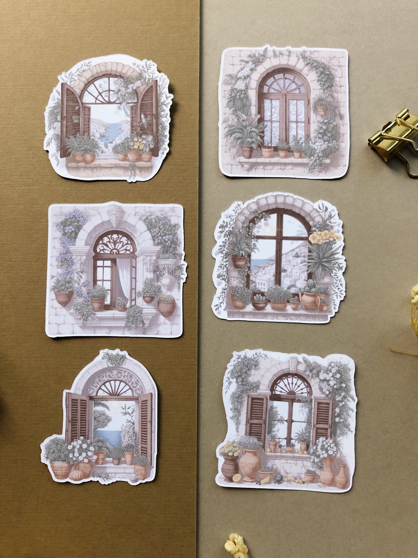 "6Pcs Mediterranean Windows" Die Cut Sticker Pack