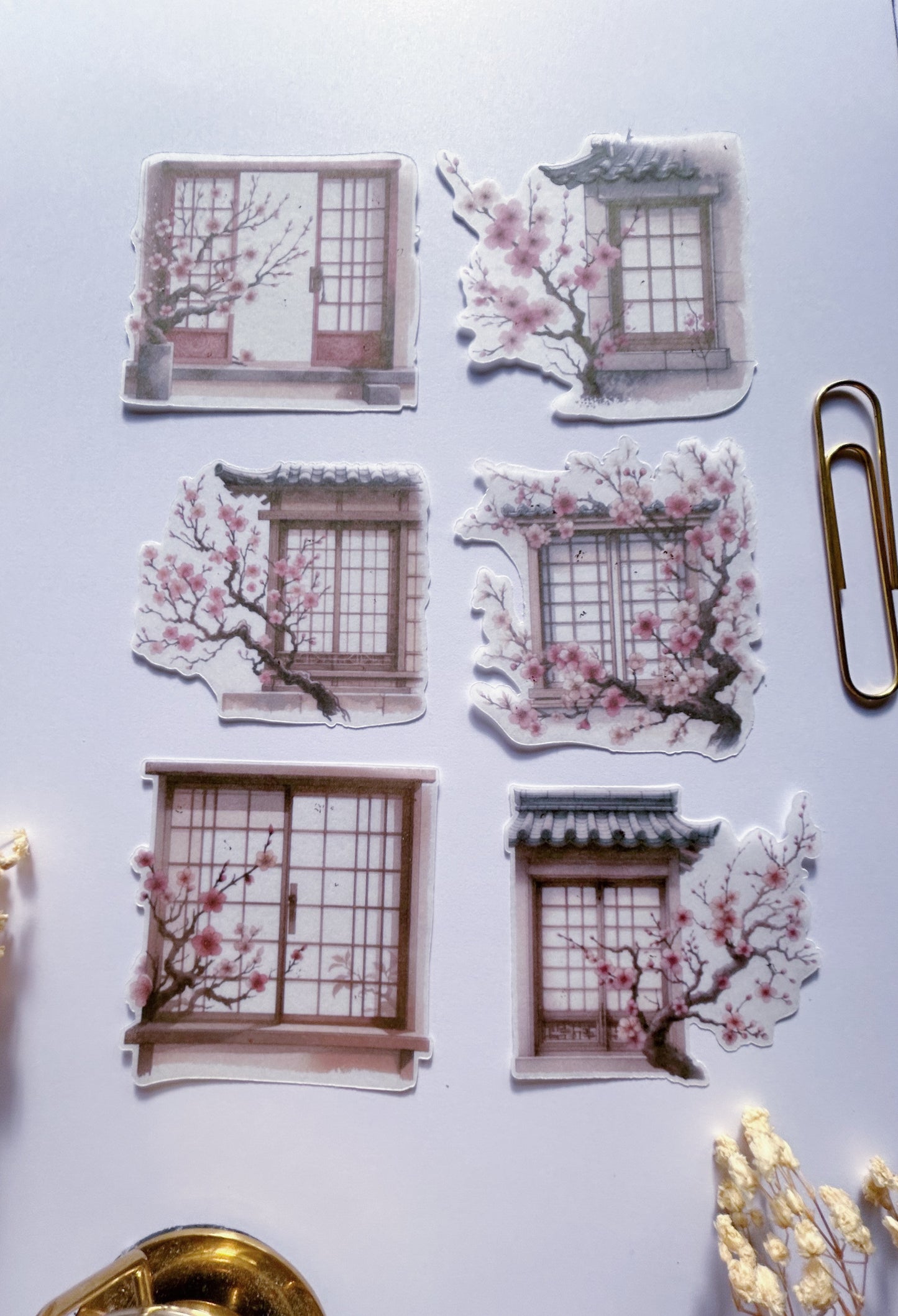 "6Pcs Sakura Windows" Die Cut Washi Sticker Flakes w Gold Foil