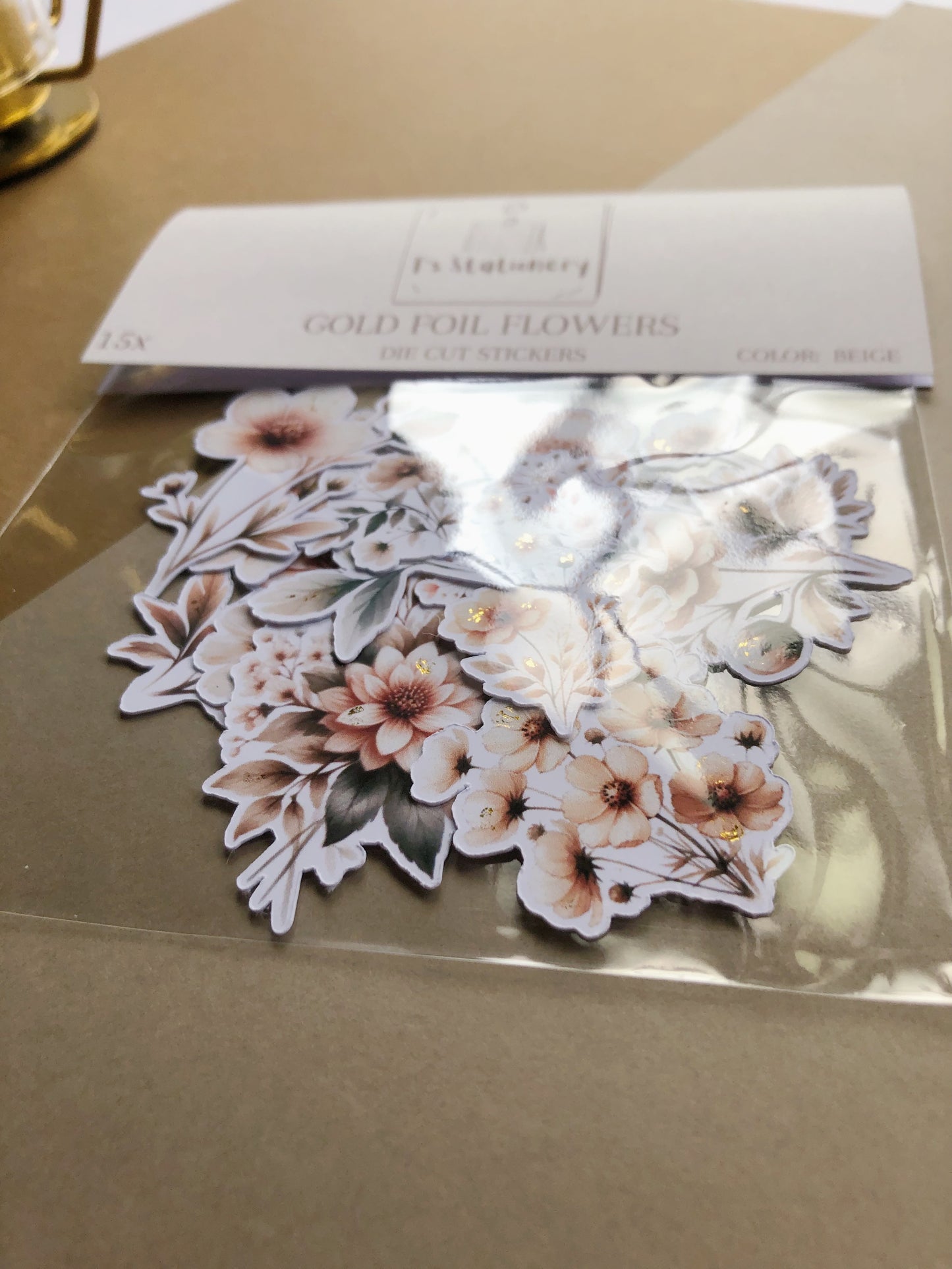 "15Pcs Beige Flowers w Gold Foil" Sticker Pack