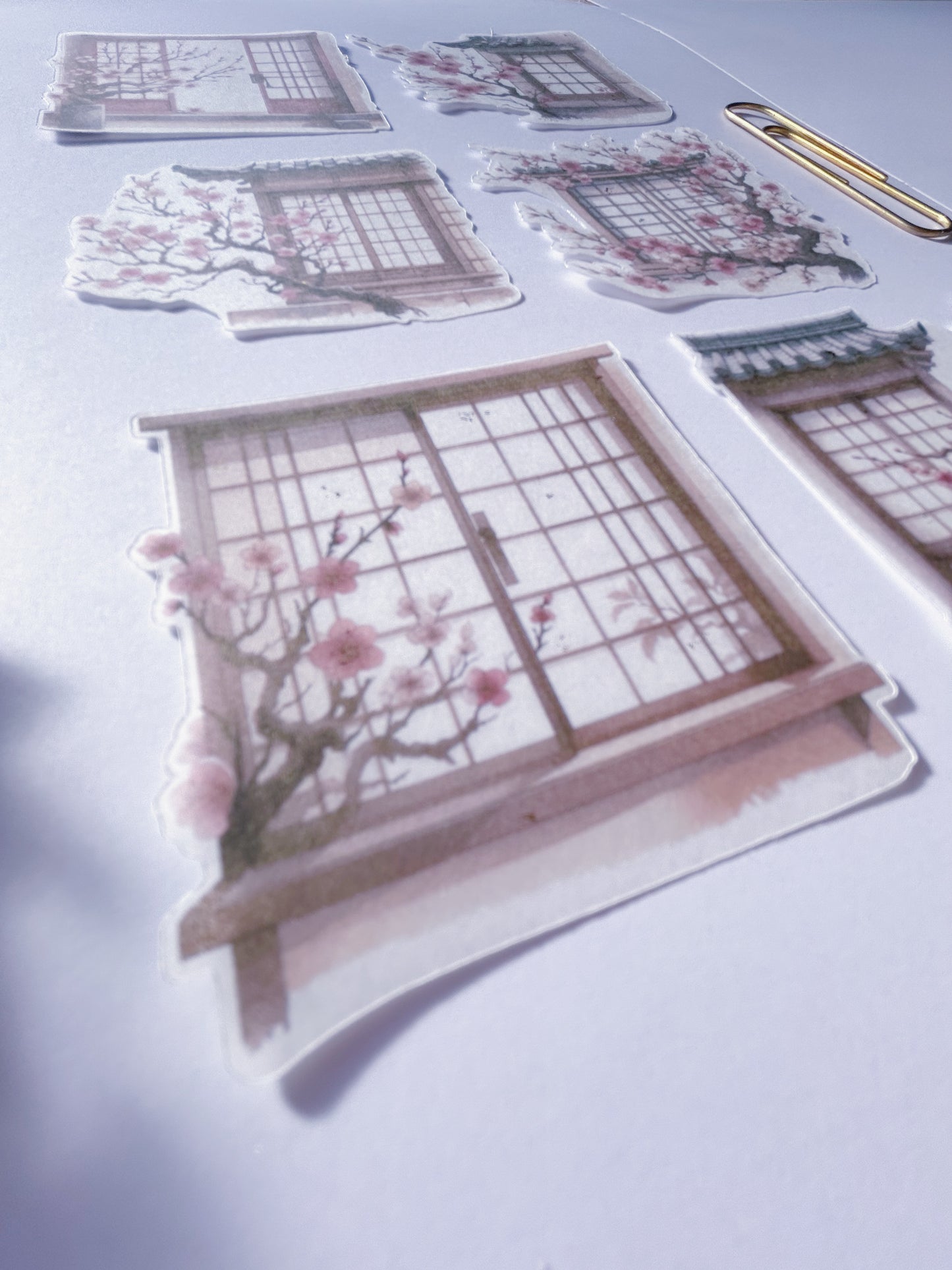 "6Pcs Sakura Windows" Die Cut Washi Sticker Flakes w Gold Foil