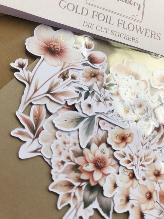 "15Pcs Beige Flowers w Gold Foil" Sticker Pack