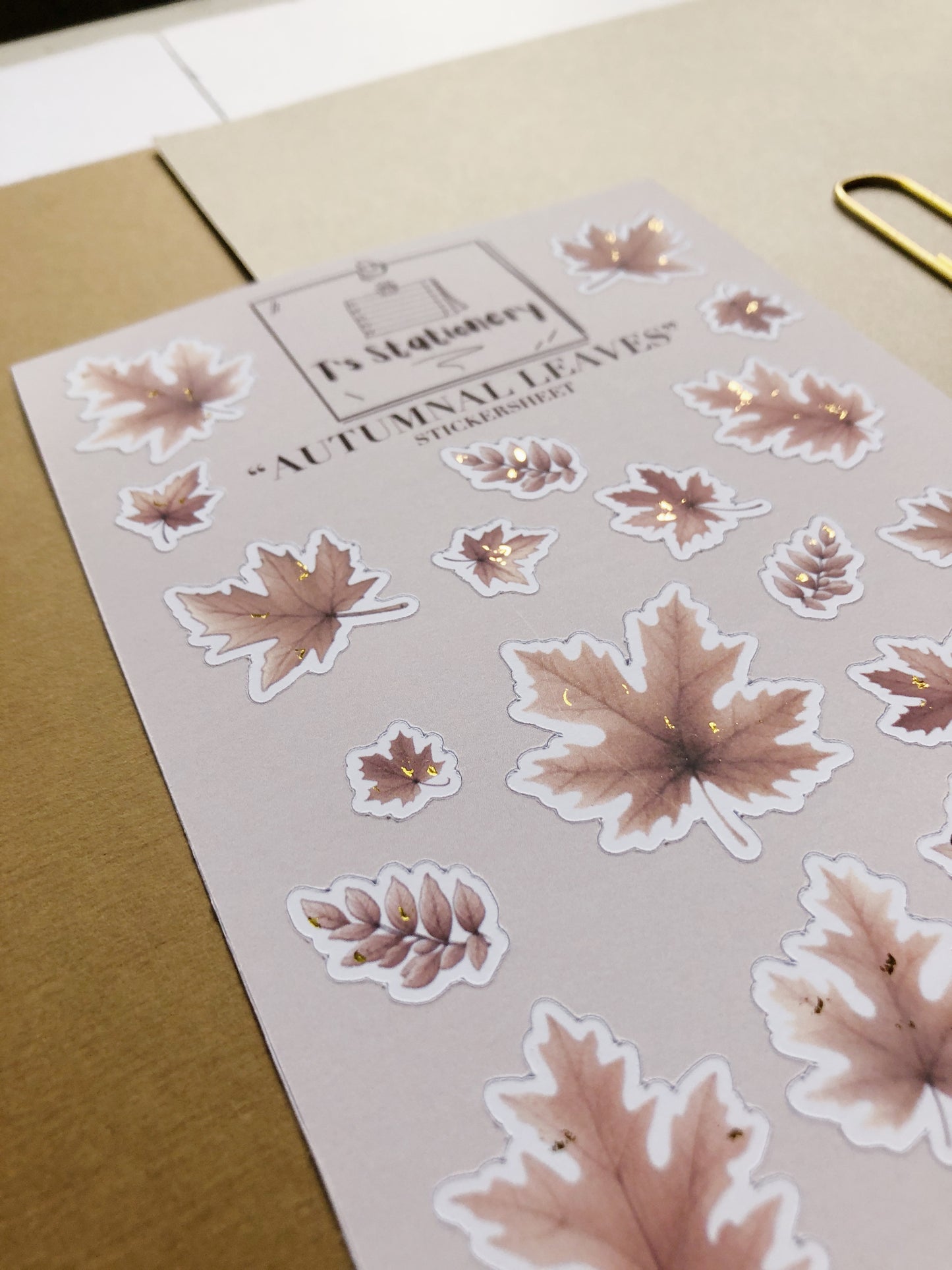 Gold Foil "Autumnal Leaves" Sticker Sheet (Light Brown)