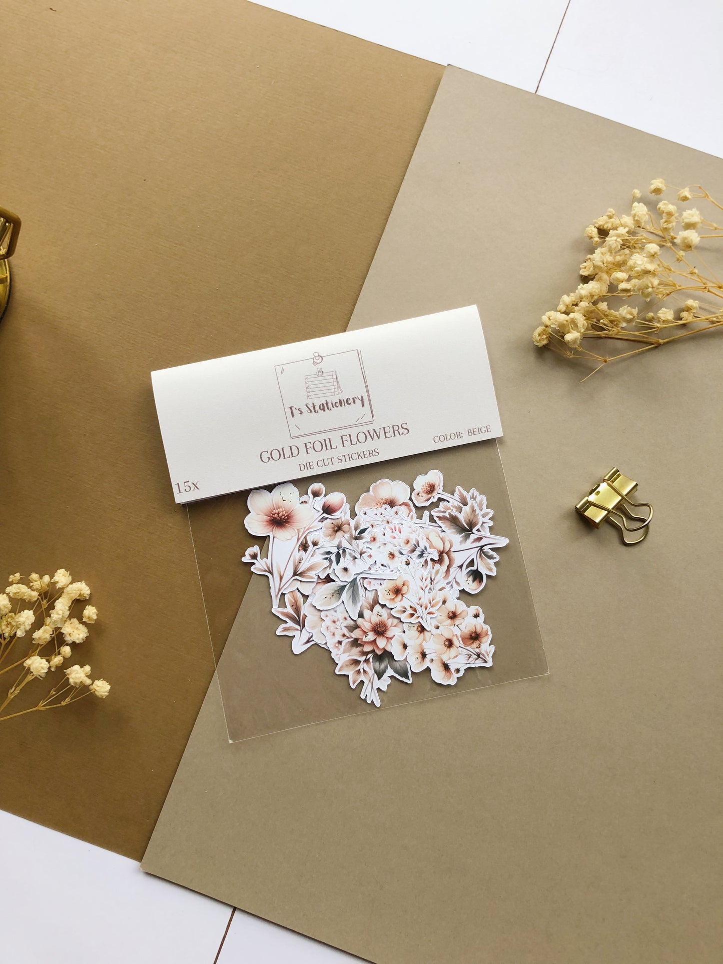 "15Pcs Beige Flowers w Gold Foil" Sticker Pack