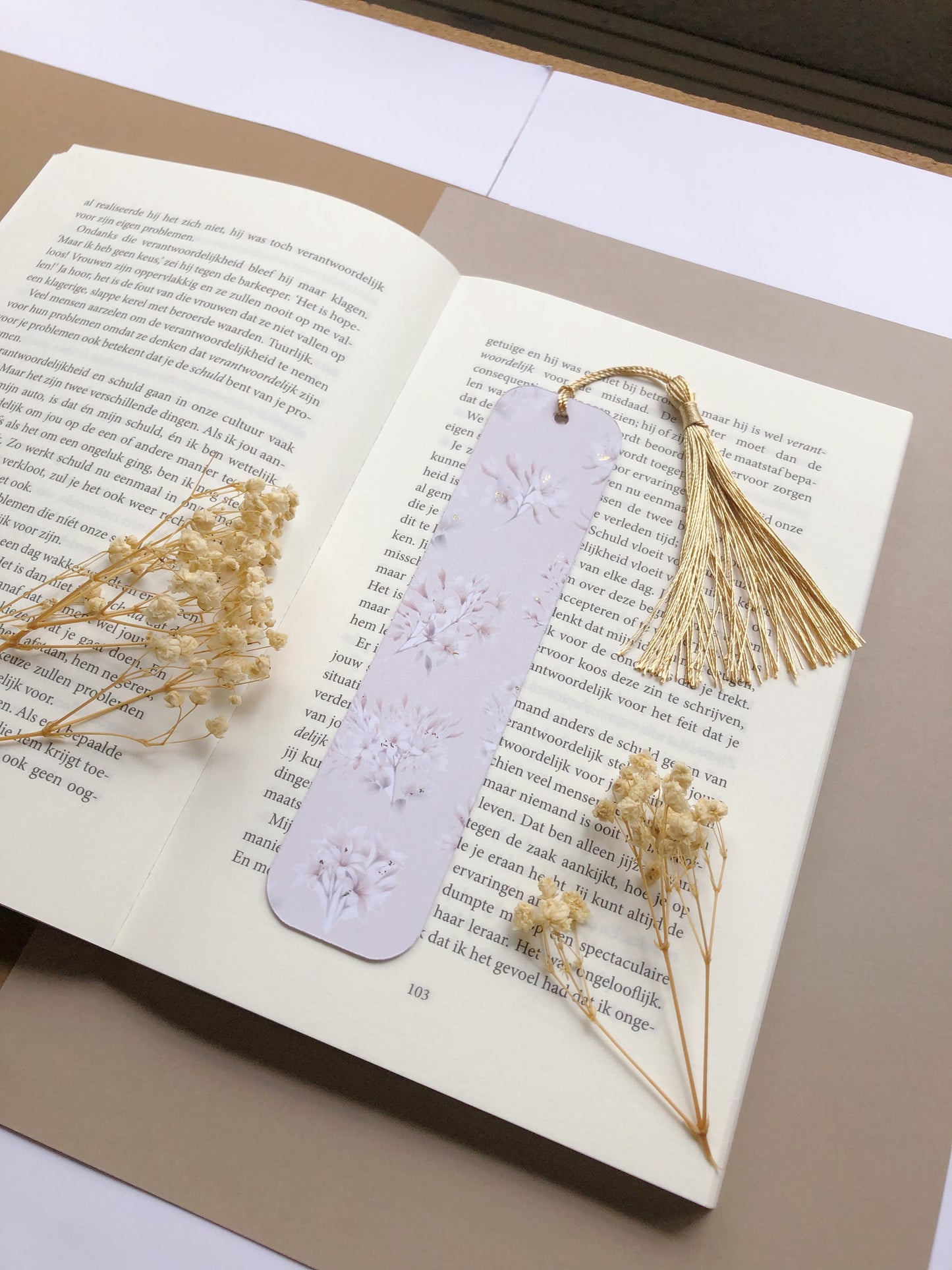 "Gold Foiled Bookmark With Tree Jasmine Flowers"